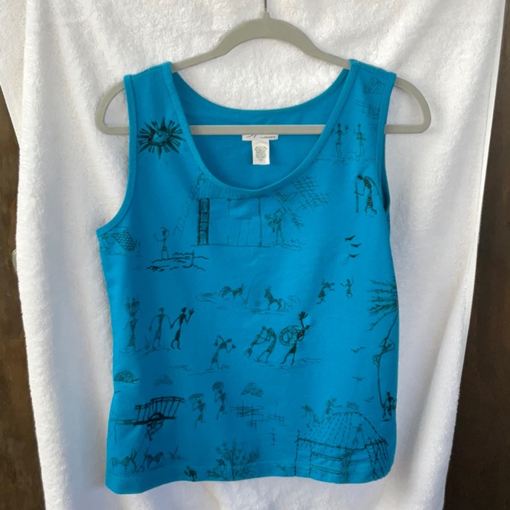 Chico's Blue 2 Piece Jacket & Sleeveless Tank Top with Artistic Design; M/8 - Picture 4 of 14